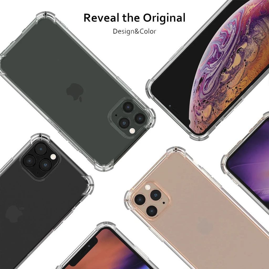 Clear shockproof TPU iPhone case showing transparent protection for multiple iPhone models