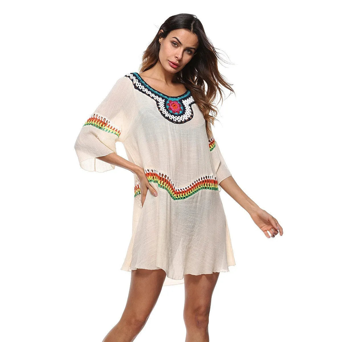 Women's crocheted ethnic style sun protection clothing in apricot, black, sapphire blue, and white for beach swimming