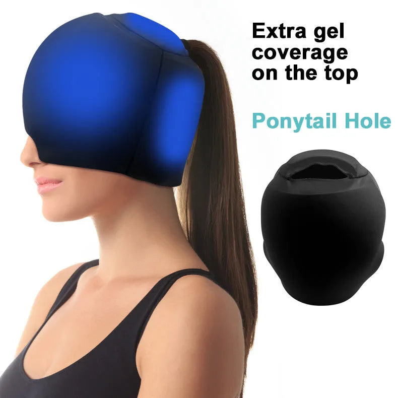Simple solid colour cold compress cap with fully enclosed design shown in black, pink, and dark blue options