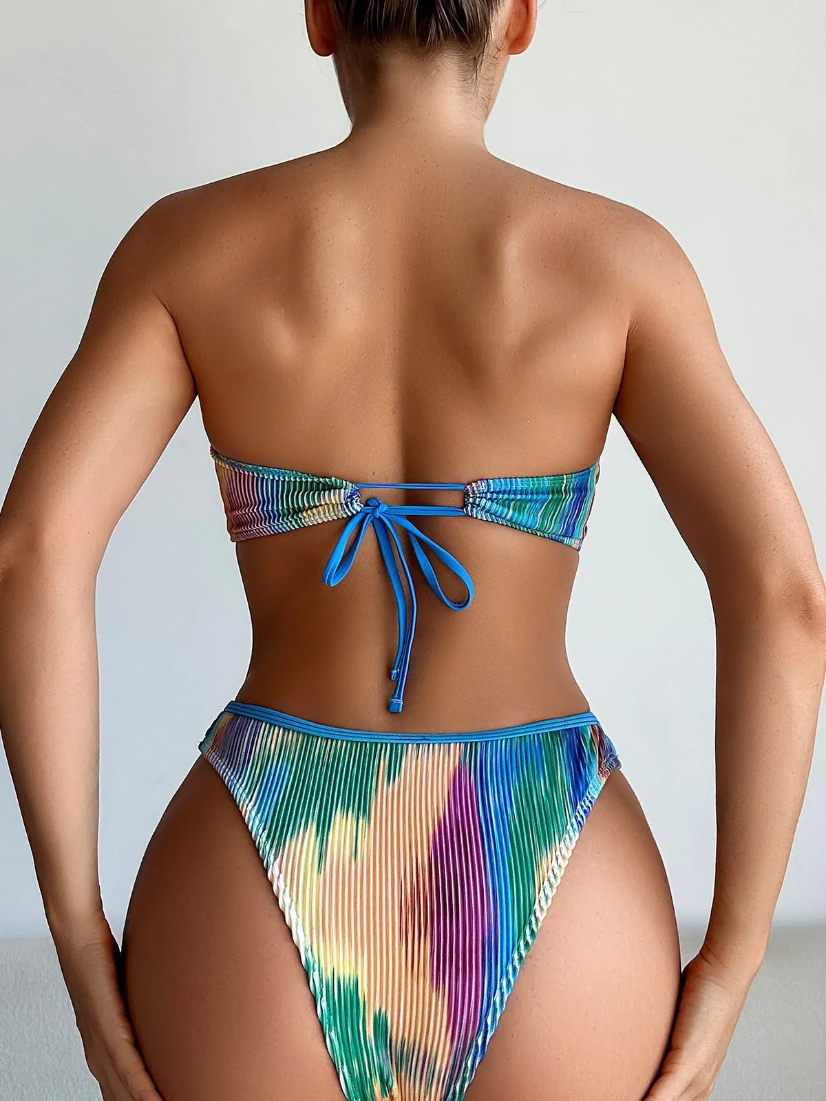 Colourful printed tube top bikini set with briefs on a mannequin.
