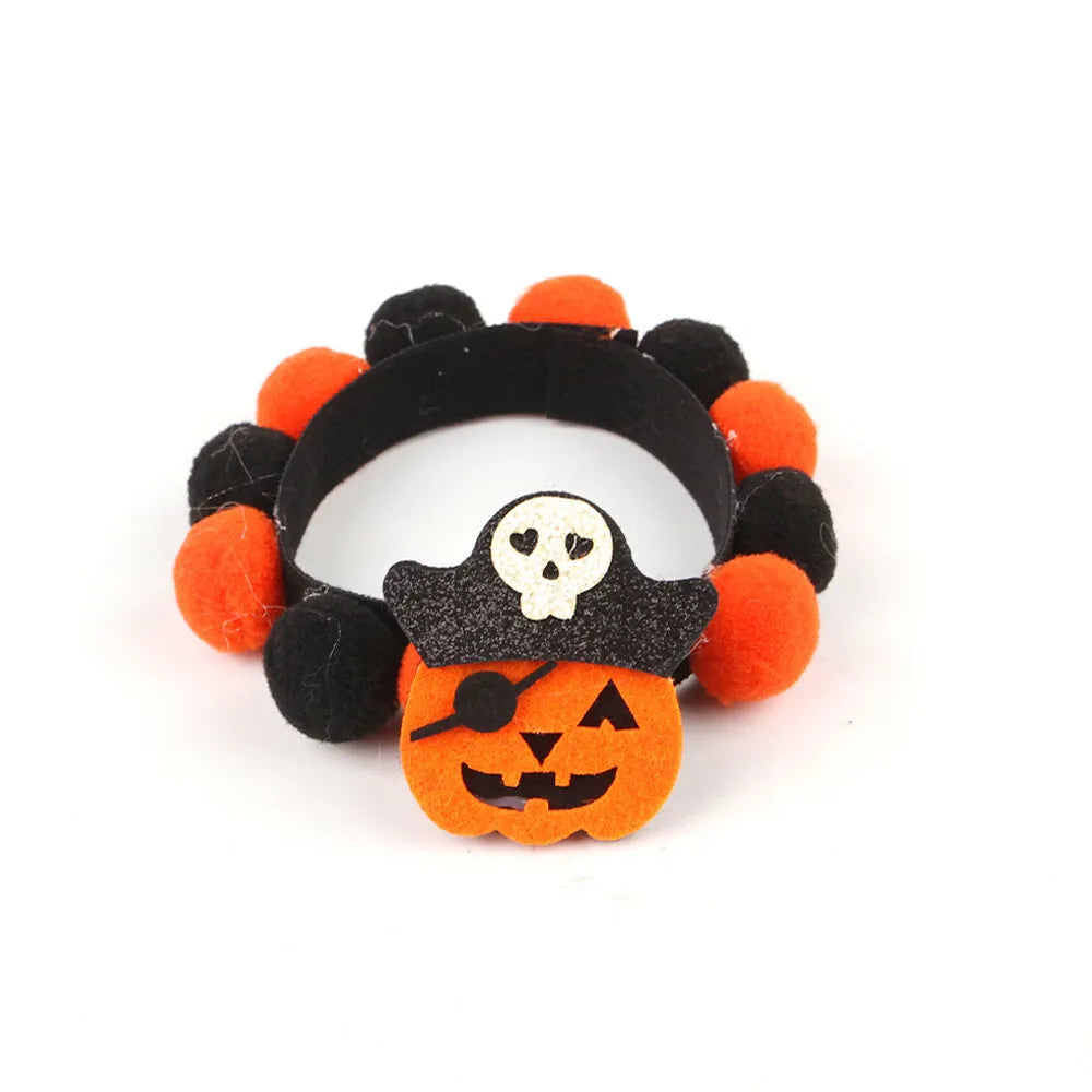 Halloween pet collar with fur ball decorations in various Halloween designs for dogs and cats