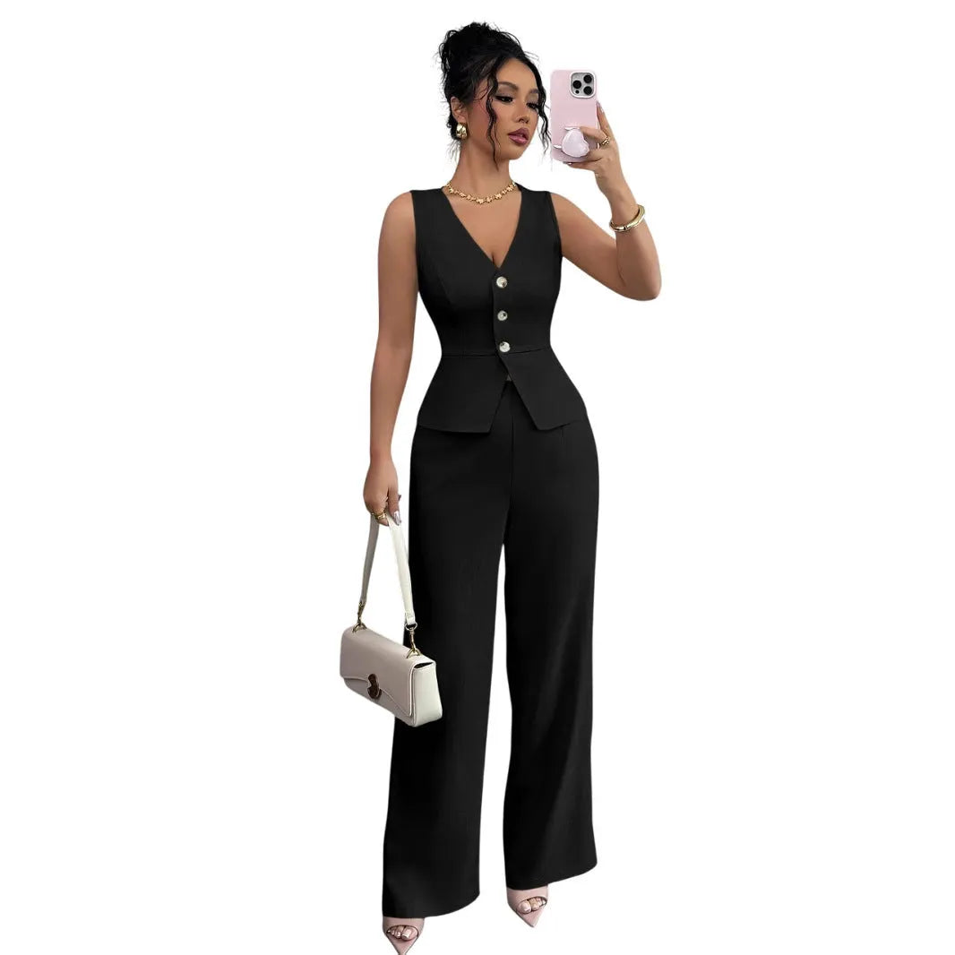Women's solid colour sleeveless vest and high waist trousers two-piece casual set.