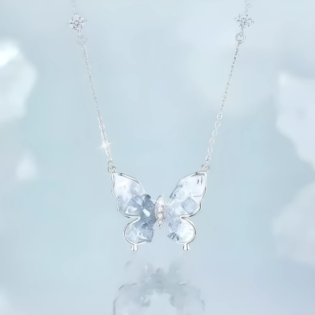 Bingyu Butterfly ice rain design pendant on adjustable sterling silver O-ring necklace for women.
