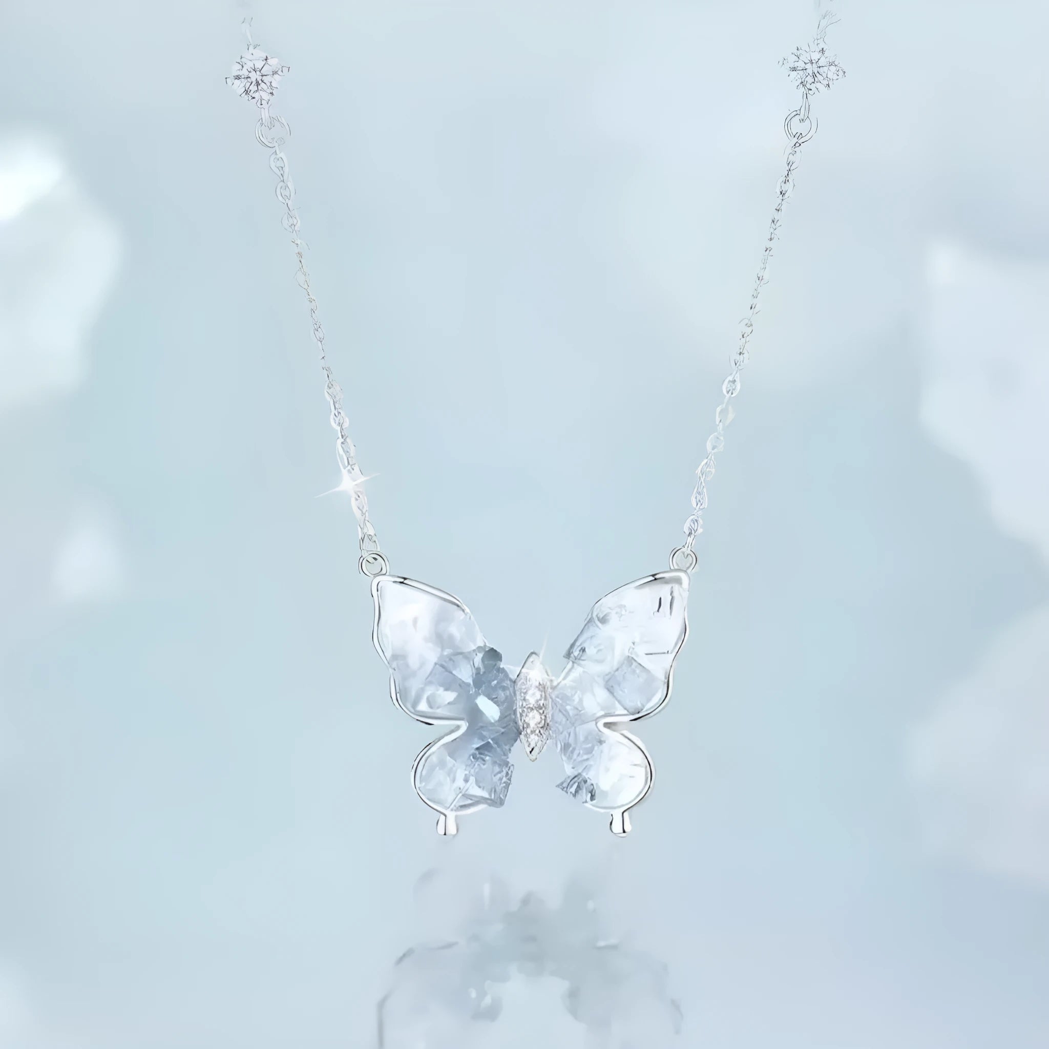 Bingyu Butterfly ice rain design pendant on adjustable sterling silver O-ring necklace for women.
