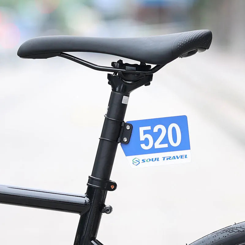 Bicycle number plate bracket for round tube and cracked air duct, plastic resin mount with leather rings and tool
