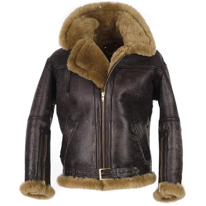 Men's retro synthetic leather fur coat with polyester lining and side seam pockets