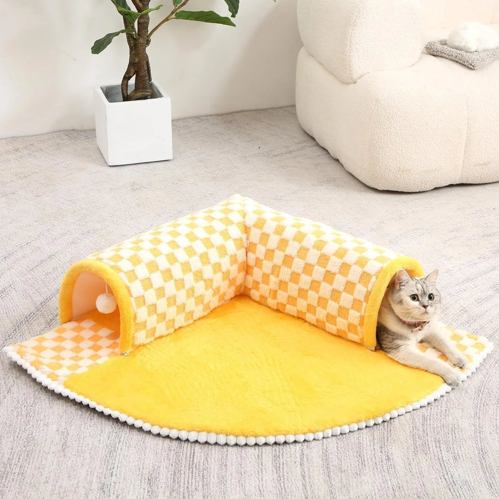 XL sized fan-shaped plush pet bed with integrated tunnel, shown in coffee colour with a non-slip granular base.