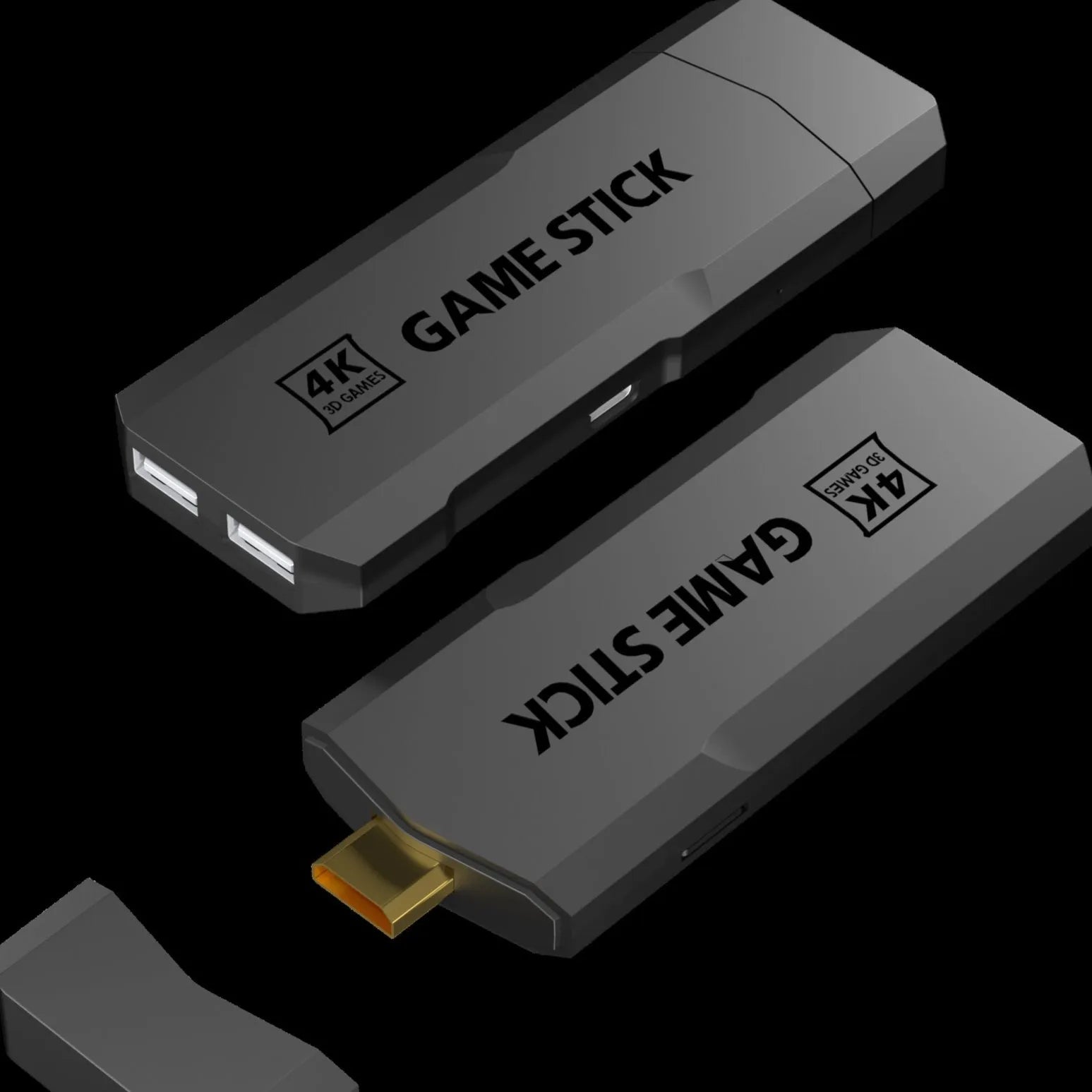Black HD home TV game console with wireless handle on a wooden surface next to an HDMI cable.