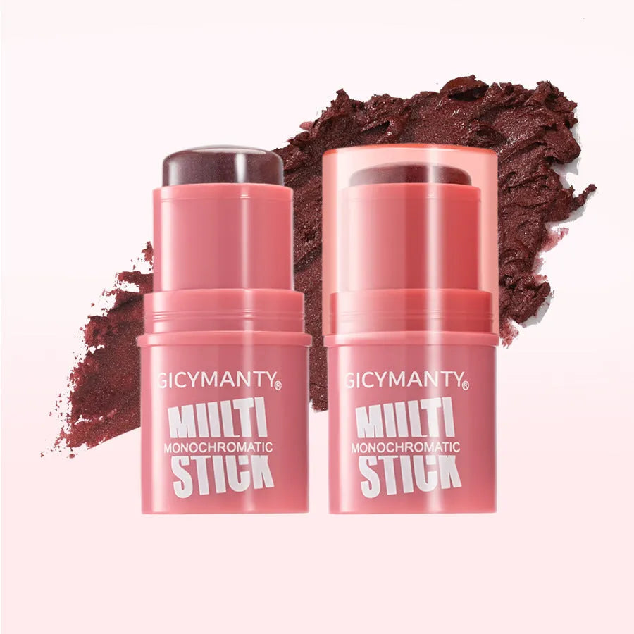 Cream blush stick in plastic casing with thin glittering colour rendering, 4.2 net content, six shade options