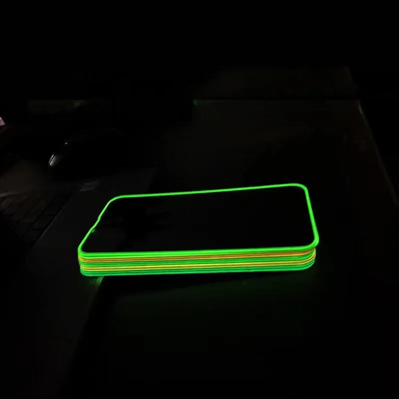 Fluorescent tempered glass screen protector for iPhone showing luminous glow in blue colour