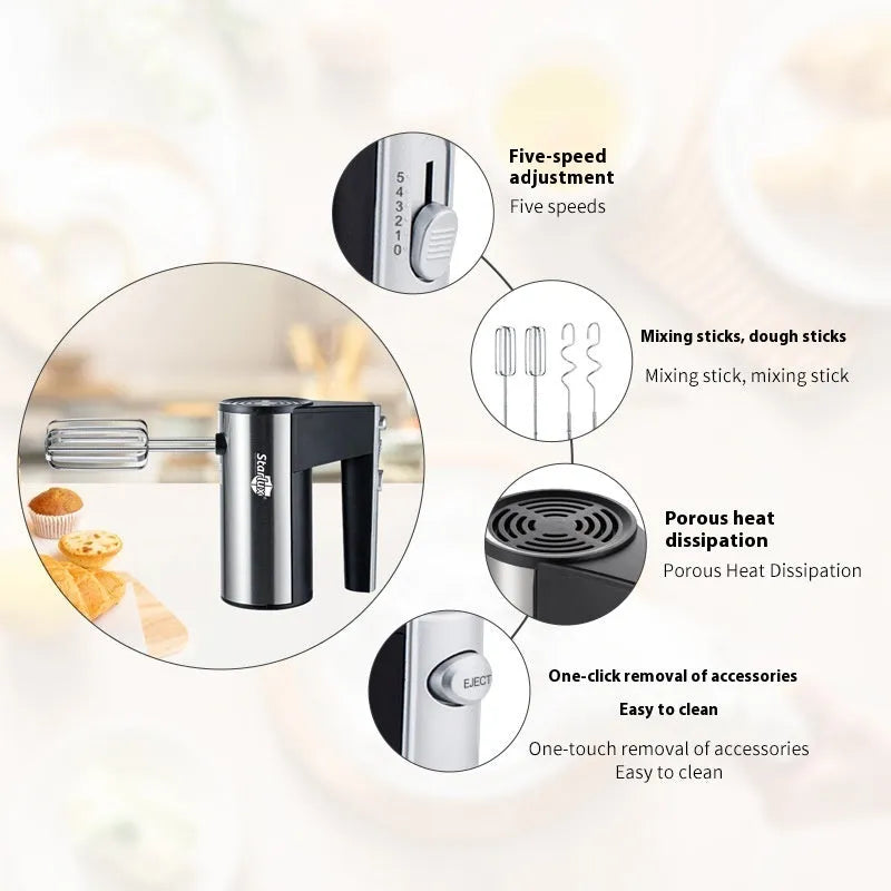 Handheld electric whisk mixer with speed control buttons and dual voltage compatibility