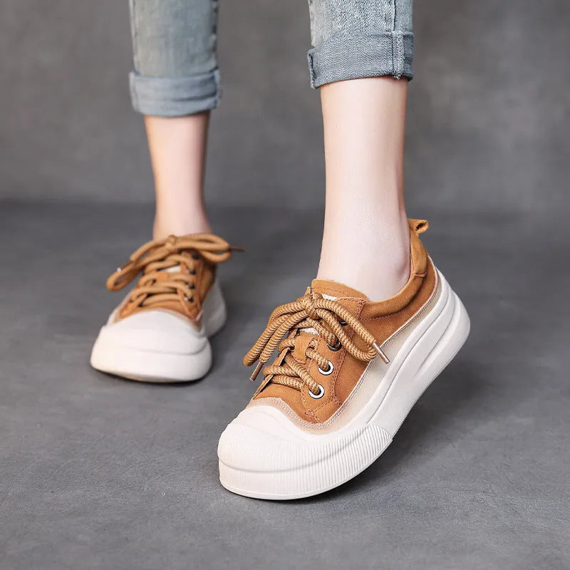 Women's yellow leather lace-up casual shoes with round toe and rubber sole