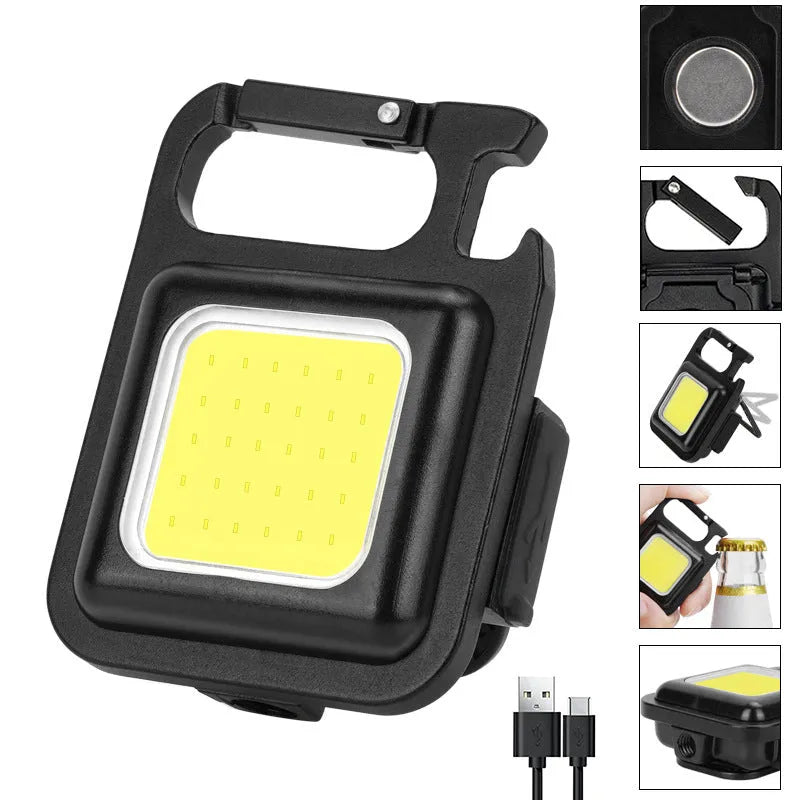 Black aluminium alloy USB rechargeable keychain flashlight with magnetic base and folded swivel handle