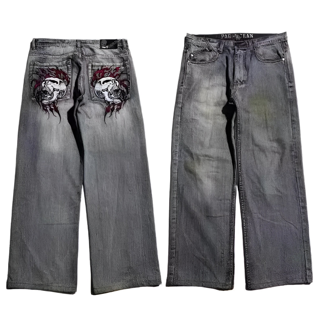 Gray washed-out men's straight-leg jeans with wide-leg design and micro-elastic polyester denim fabric
