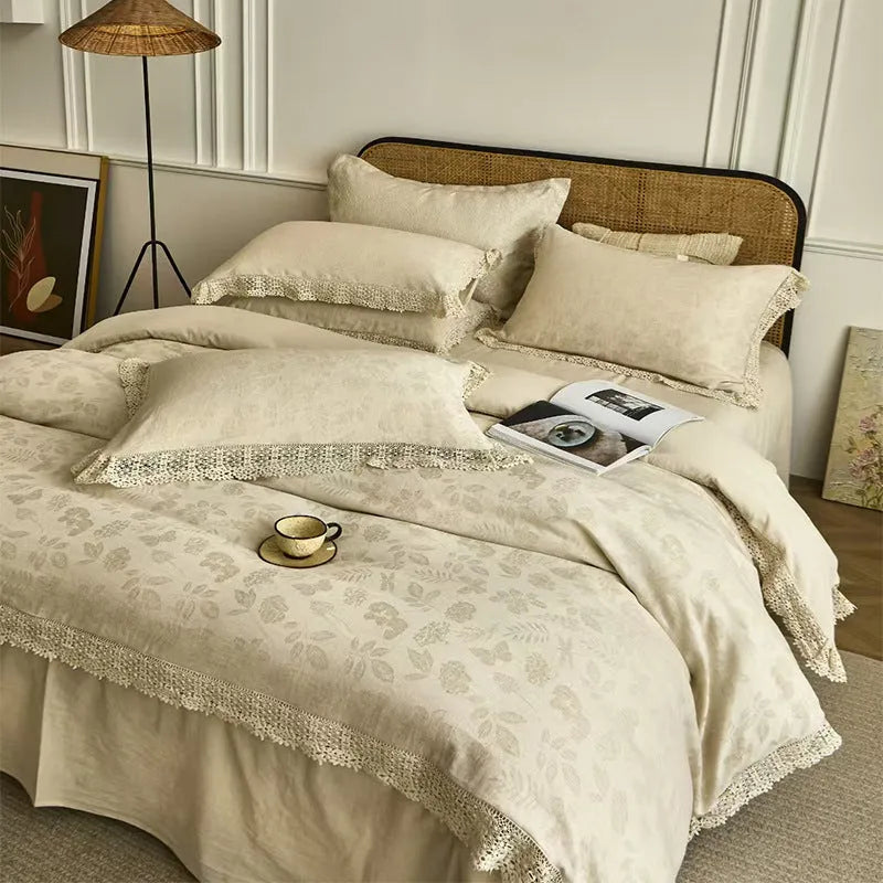Cotton linen jacquard four-piece bed sheet set with solid colour, lace trim and 48x74 cm pillowcase