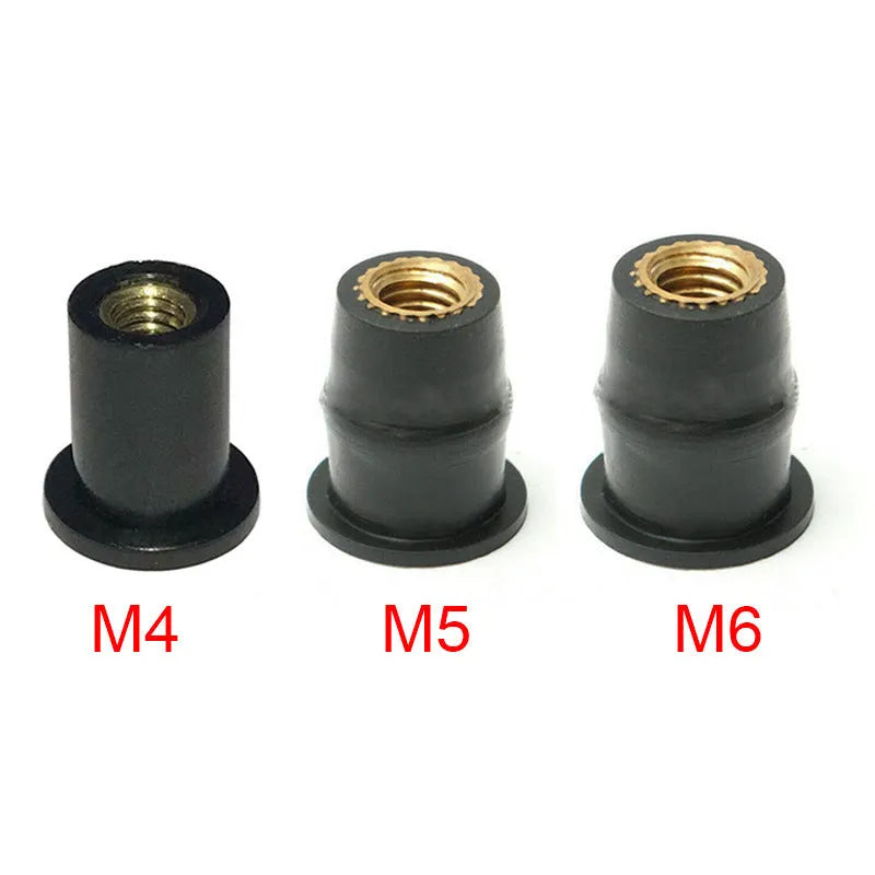 Black rubber well nut fasteners with brass inserts for motorcycle windshields, M4 M5 M6 sizes.