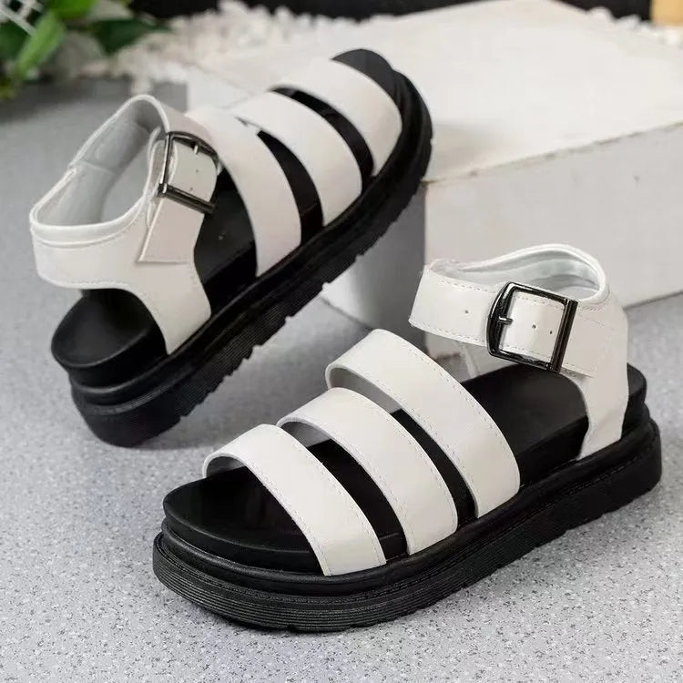 Black buckle sandals with thick rubber sole and fish mouth toe design for outdoor wear