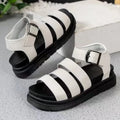 Black buckle sandals with thick rubber sole and fish mouth toe design for outdoor wear