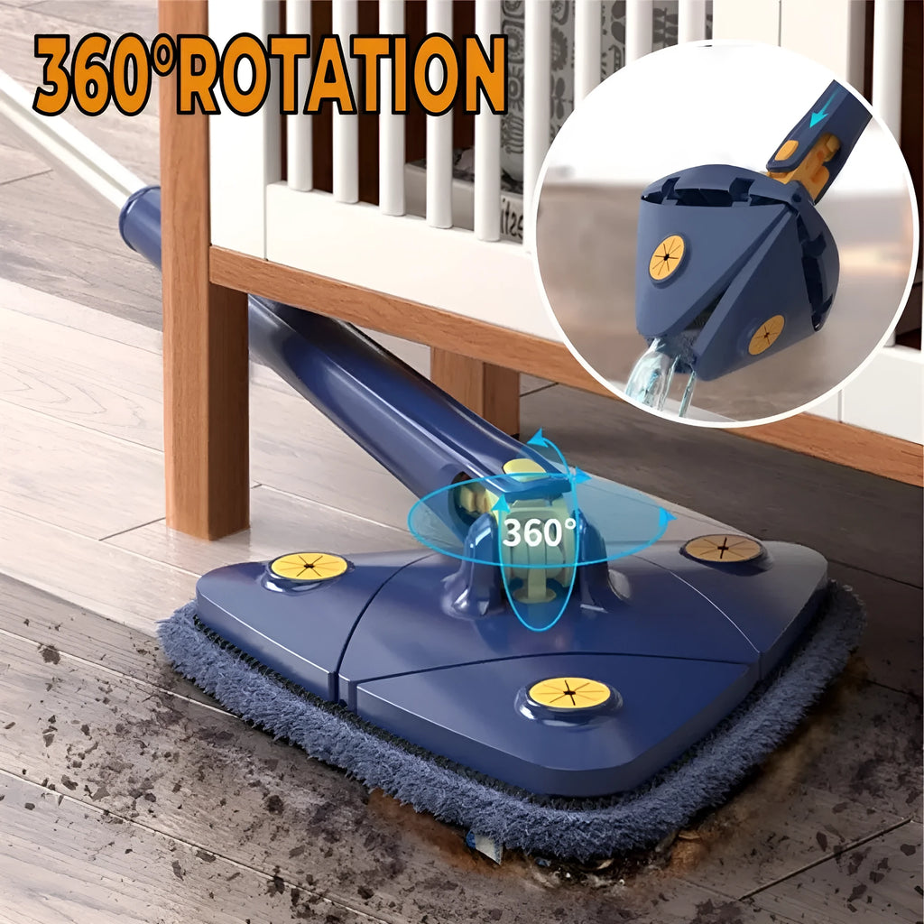 Blue triangle cleaning mop with rotating head and extendable stainless steel pole