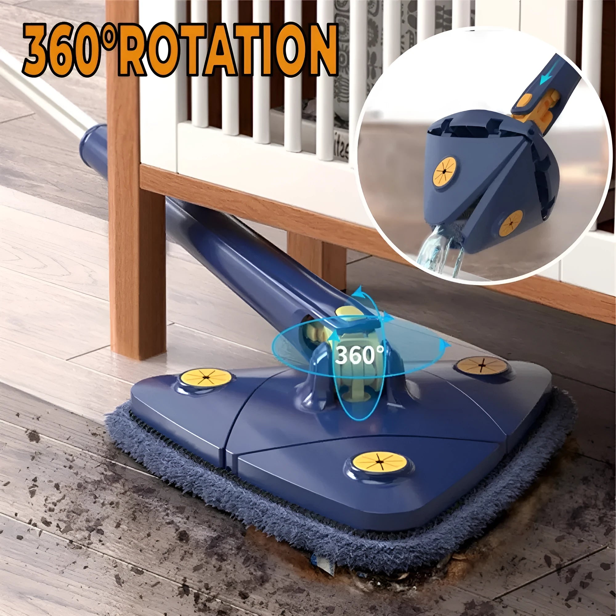 Blue triangle cleaning mop with rotating head and extendable stainless steel pole