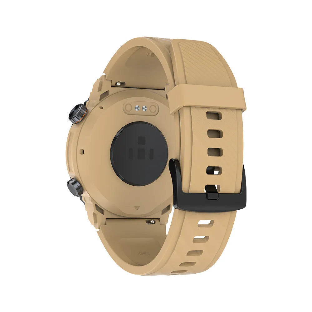 MG02 smartwatch with Bluetooth calling and health monitoring functions in black, khaki or silver orange colours