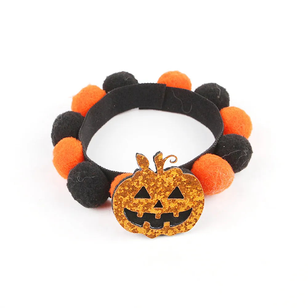 Halloween pet collar with fur ball decorations in various Halloween designs for dogs and cats