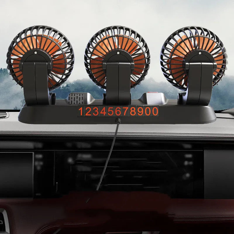 Three head automotive cooling fan with cigarette lighter and USB connections for vehicle use