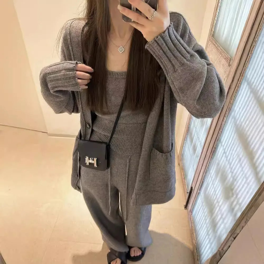 Women's knit cardigan vest and suspender trousers three-piece set in wool blend fabric