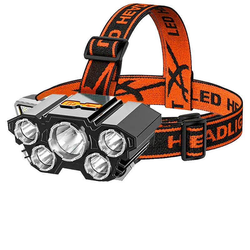 Head-mounted LED miner's lamp with adjustable strap, 10W LED light, and 2400mAh battery capacity