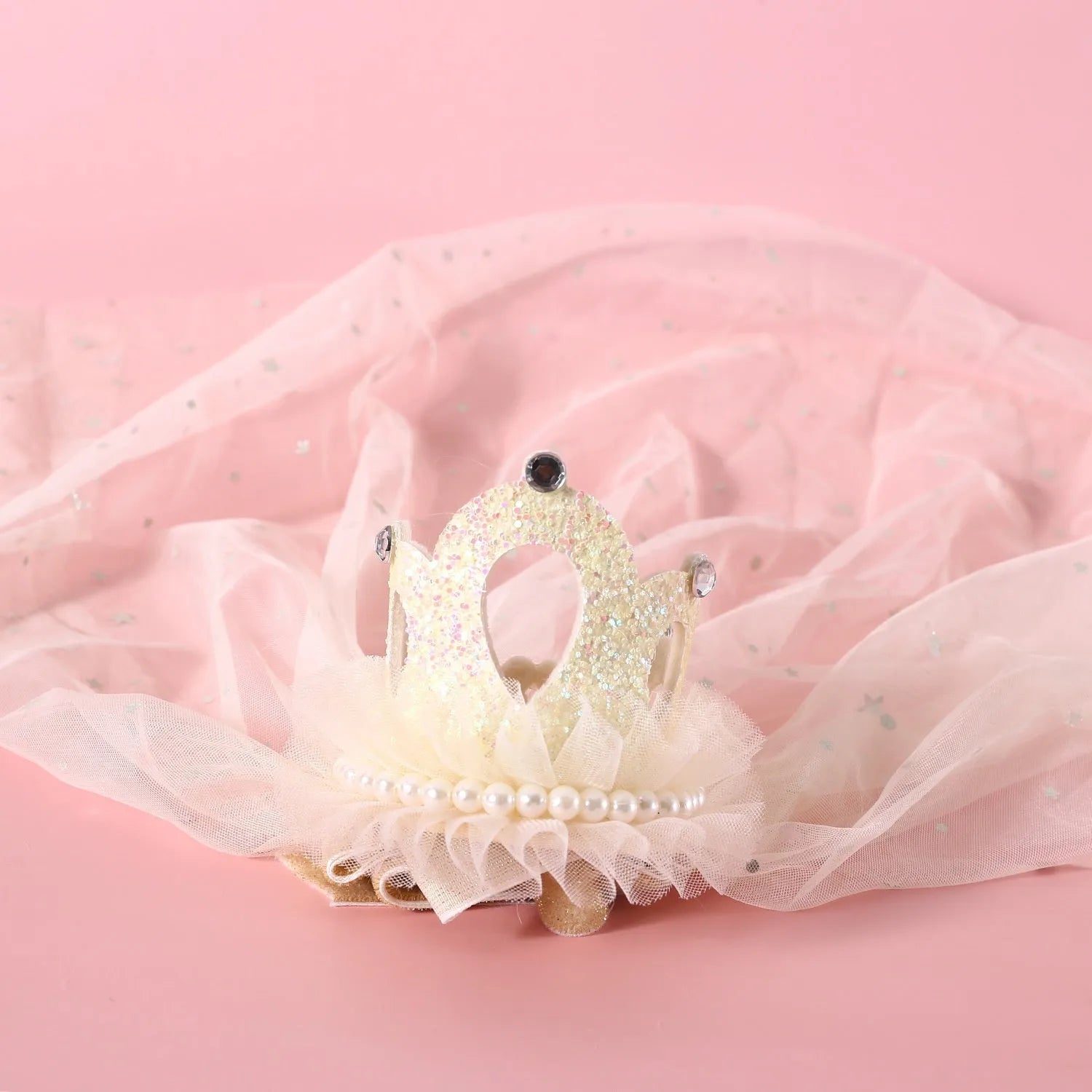 Beige and pink pet princess crown veil headdress accessory for cats and dogs.