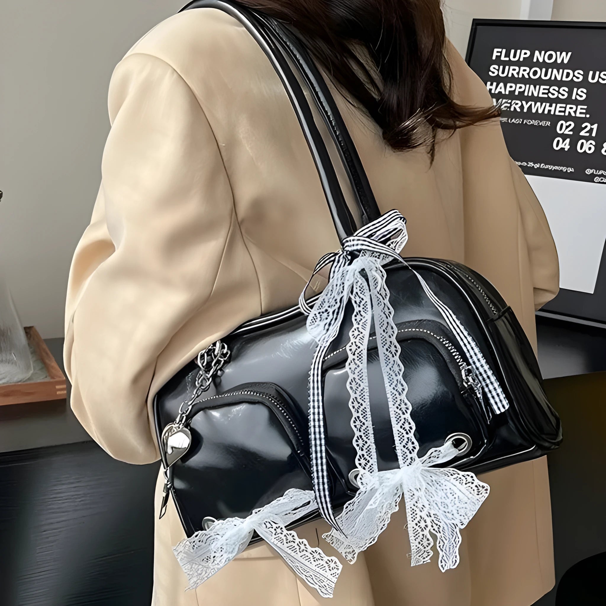 PU leather shoulder bag in horizontal square shape with double straps and phone pocket
