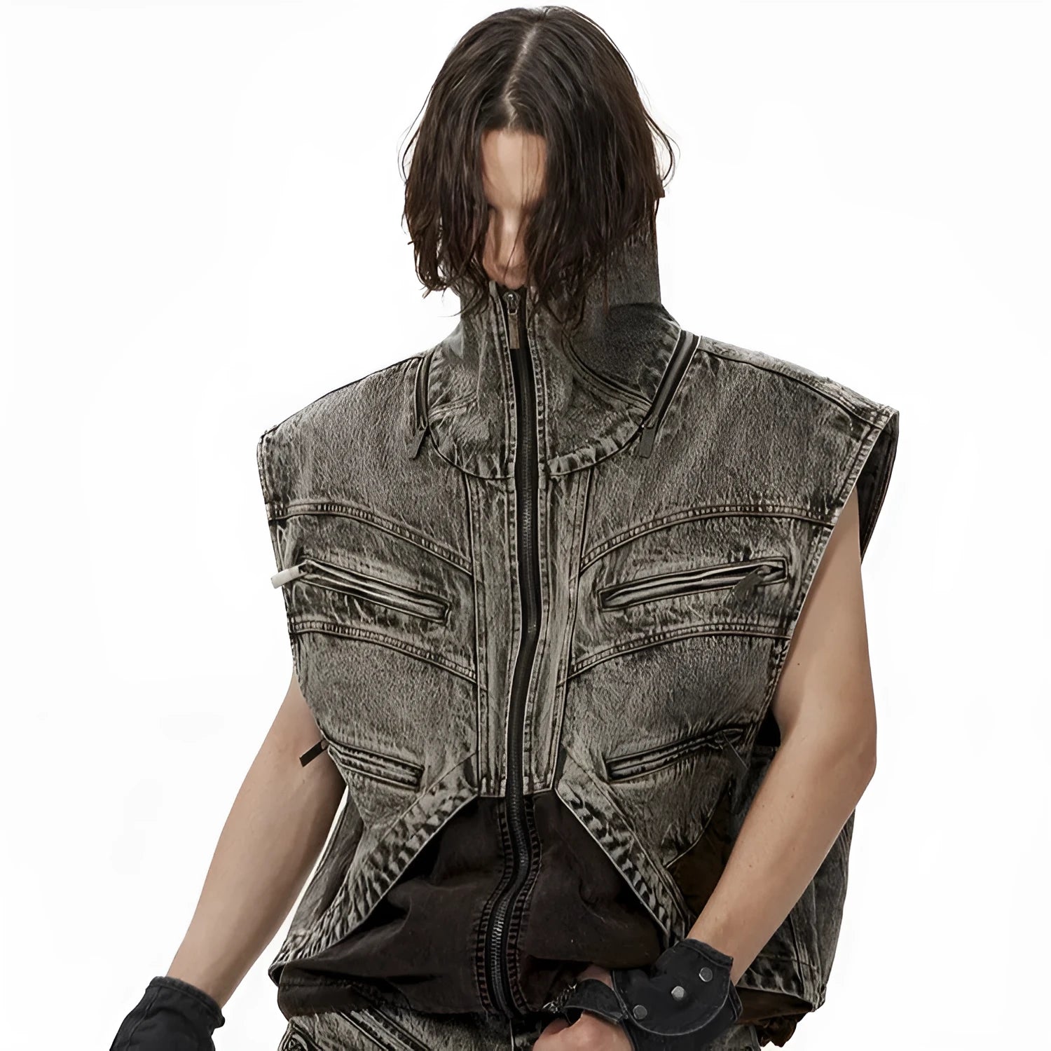 Men's splicing denim sleeveless vest with front zip closure casual summer top