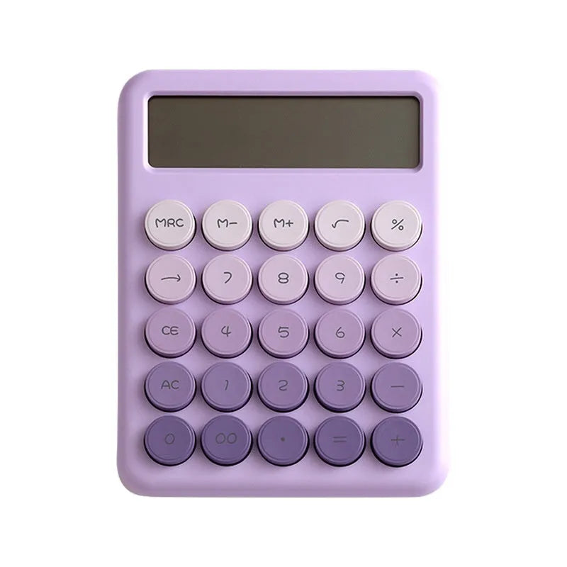 Gradient colour desk calculator in violet, pink, blue, or mint green on a desk