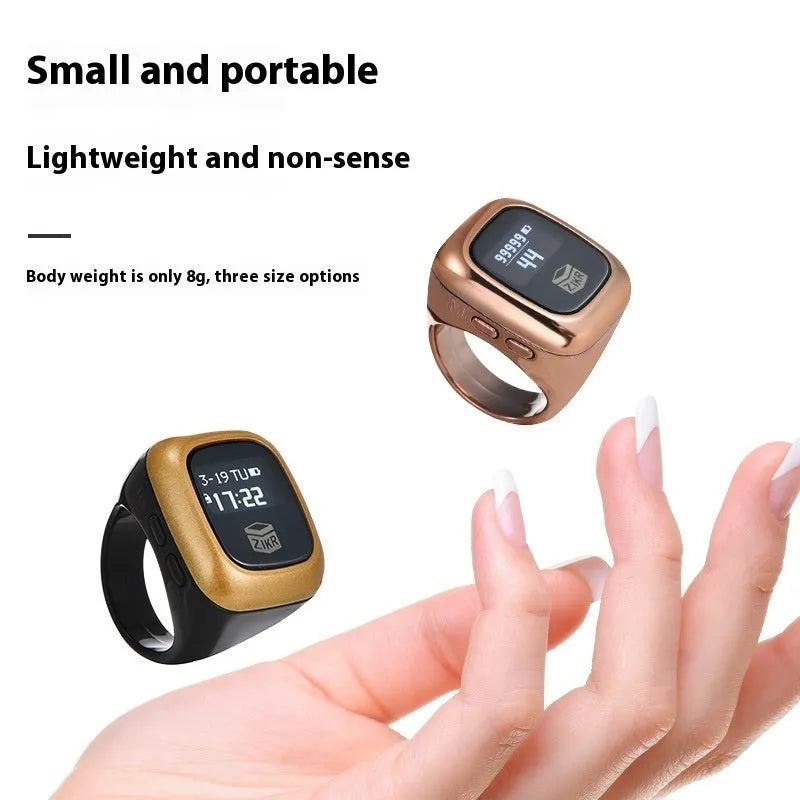 Al-Fatiha electronic dhikr counter with digital display in rose gold, black, and green colour options.