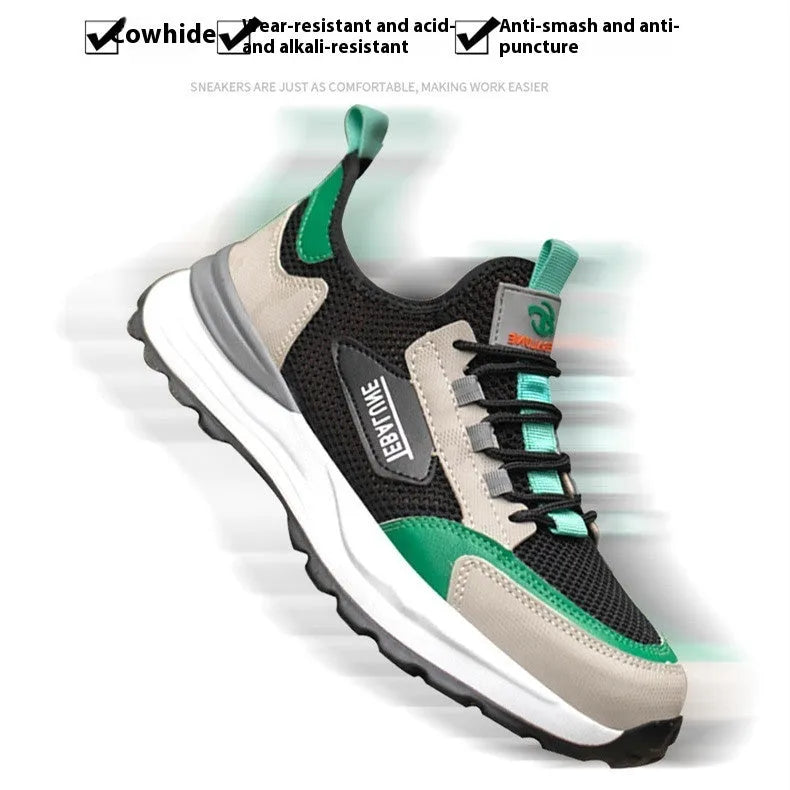 Black green steel toe safety shoes with mesh upper and plastic protective toe cap
