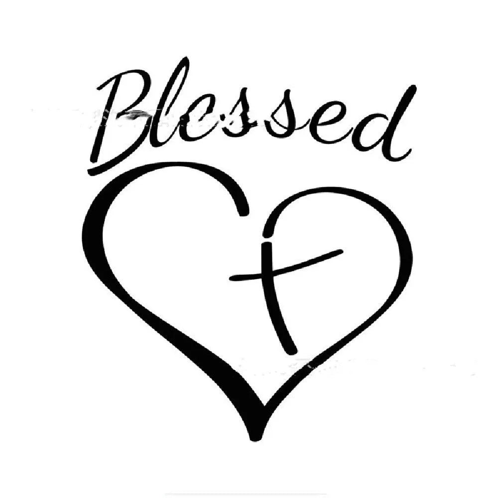 Faith Hope Love heart outline design vinyl sticker in black, shown at 14cm by 11.5cm size.
