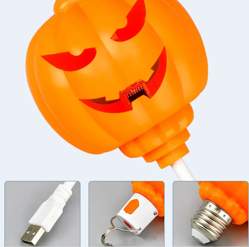 Plastic pumpkin lamp with yellow or purple light option, USB charging, 8.3cm wide by 22cm tall
