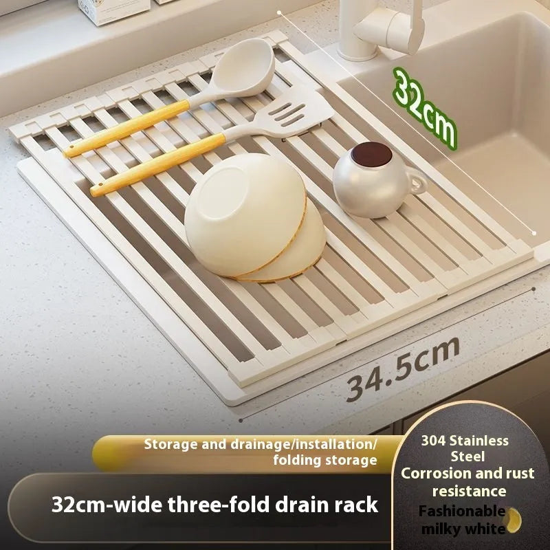 Foldable milky white 304 stainless steel kitchen draining rack showing collapsed and expanded positions