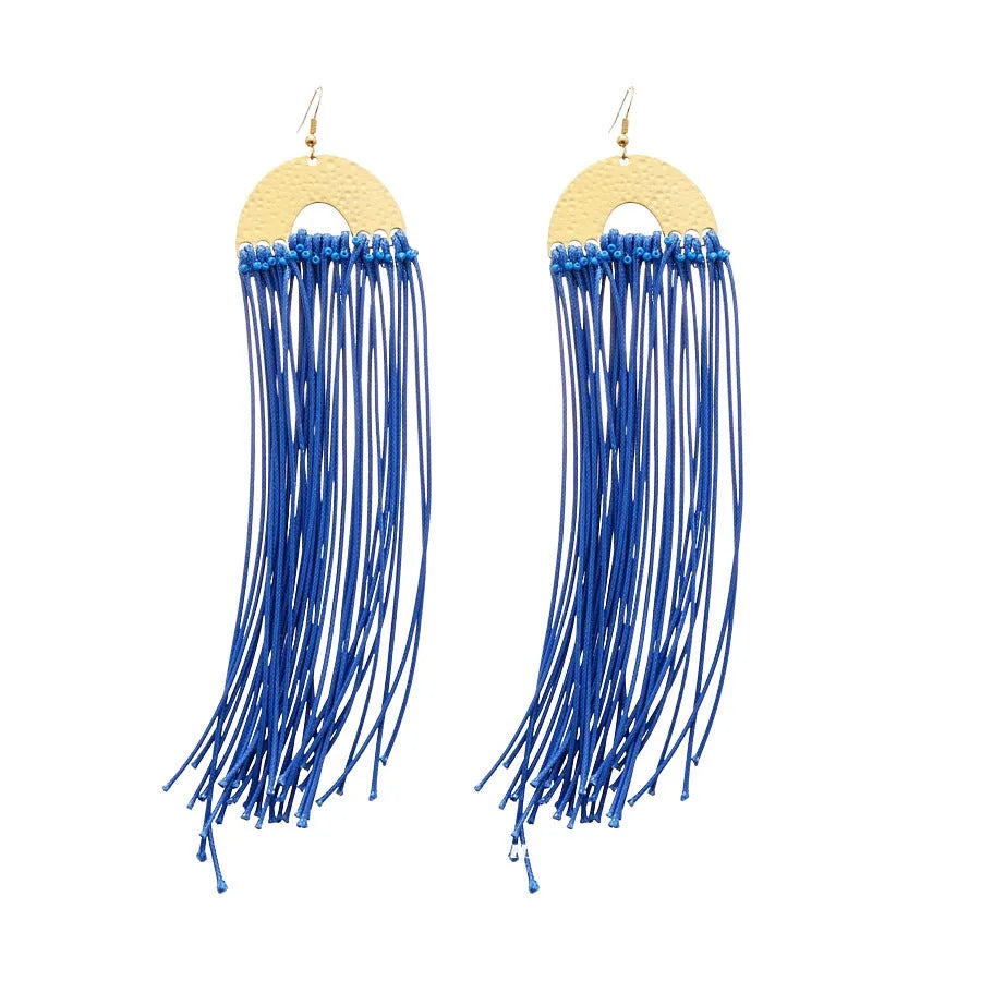Women's cloth geometry earrings with blue resin flower detail on silver needle, manual craft construction
