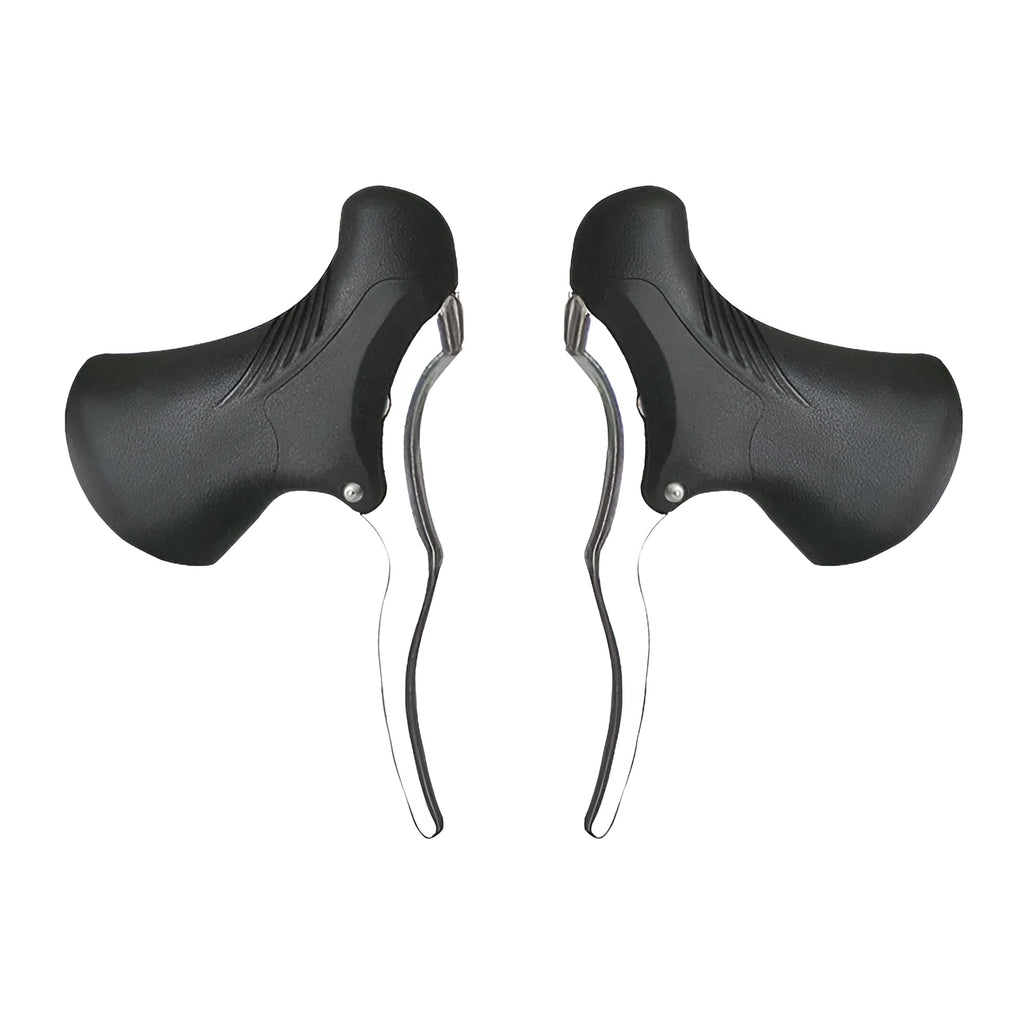Pair of aluminium alloy road bicycle brake handles in black and black/silver.