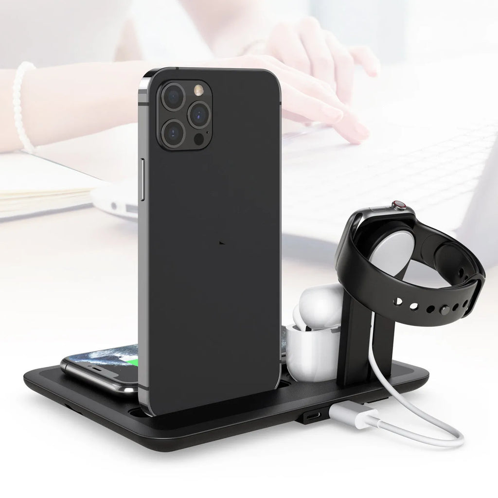 Black and white desktop wireless charging station for phone, watch, and headphones showing 175mm width.