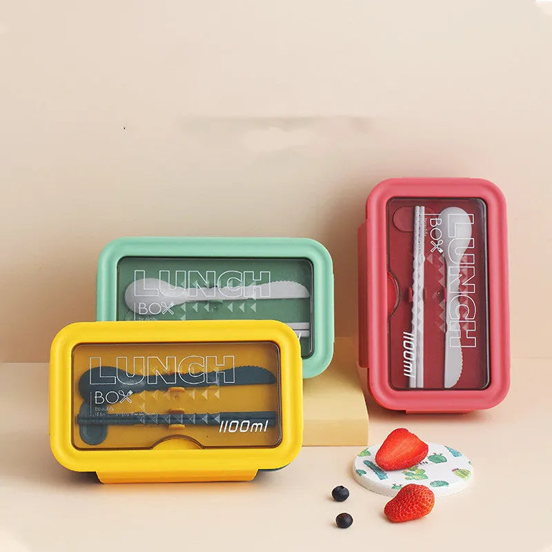 Four-layer plastic bento lunch box with Nordic design in green, red, or yellow colours