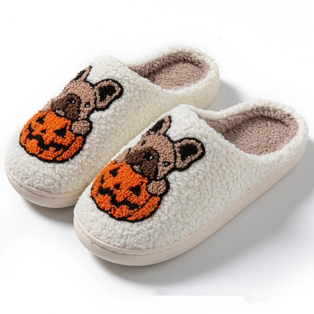Black and white Halloween pumpkin slippers with plush cotton upper and non-slip rubber soles