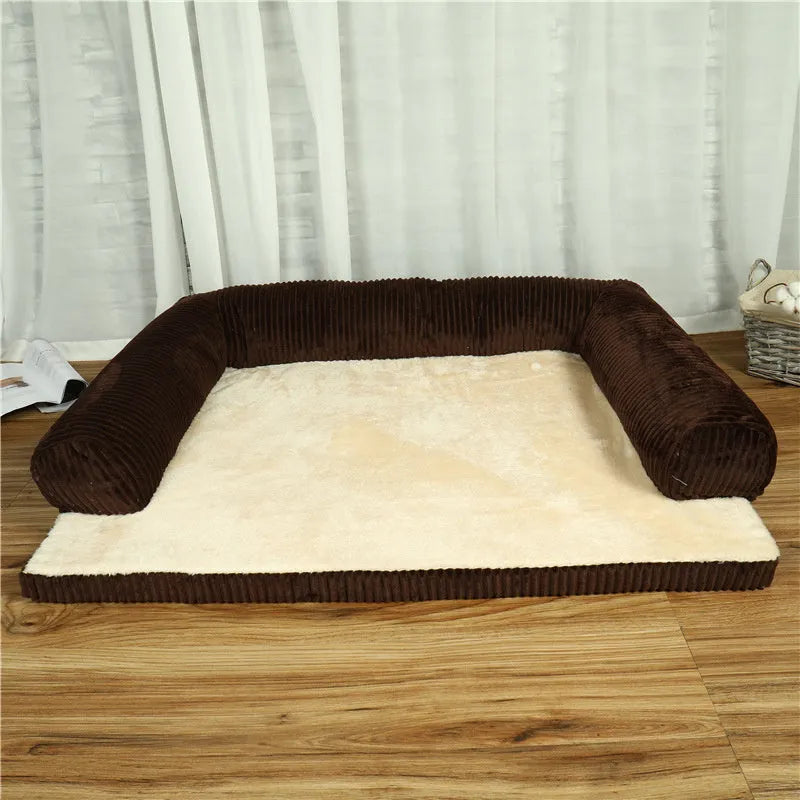 Corduroy pet sofa dog bed with bolster in grey colour, showing non-slip base and high-density sponge padding