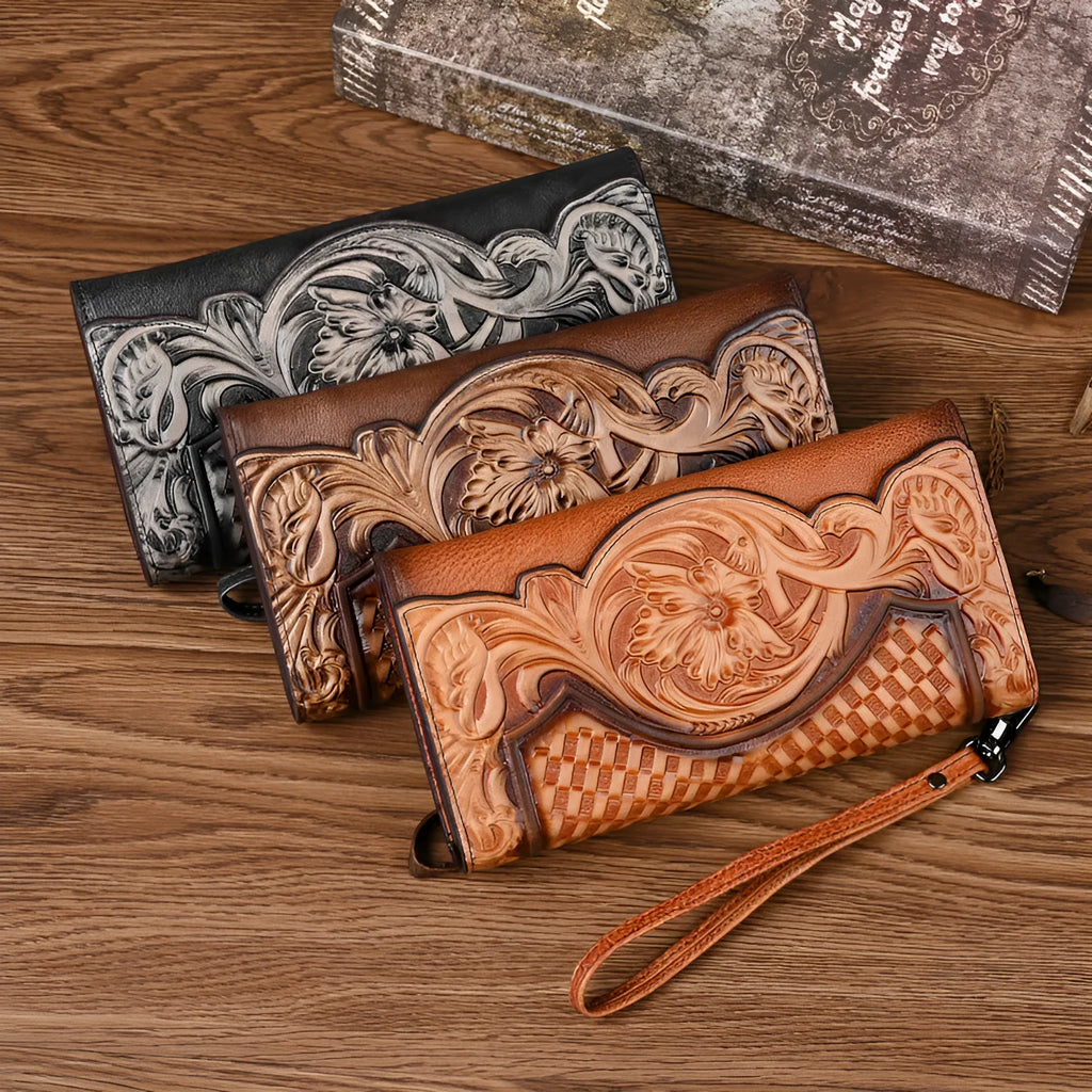 Women's brown tri-fold leather wallet with embossed floral pattern showing interior card slots