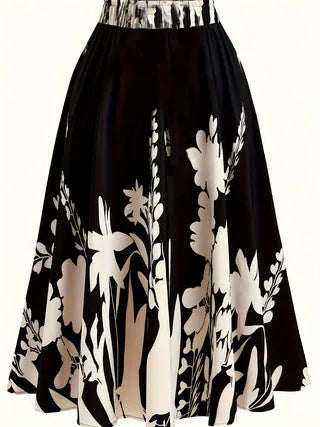 Chinese style mid-length pleated skirt with 3D digital printed plant flower design and splicing detail in DD25052