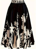 Chinese style mid-length pleated skirt with 3D digital printed plant flower design and splicing detail in DD25052