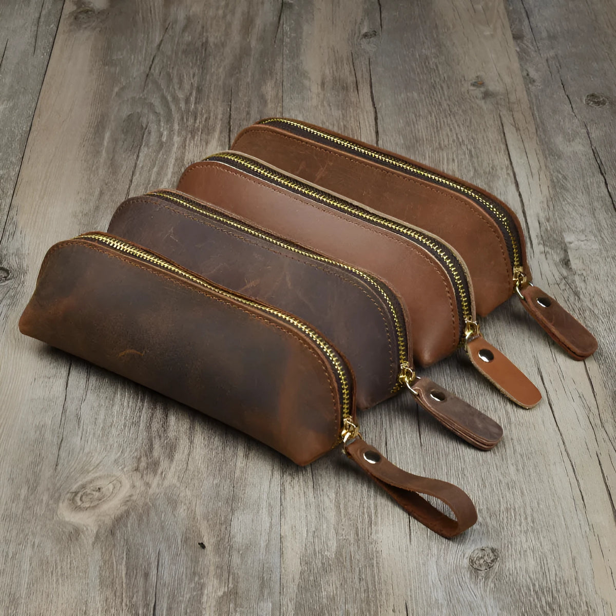 Handmade cowhide leather pencil case with zipper closure in square design