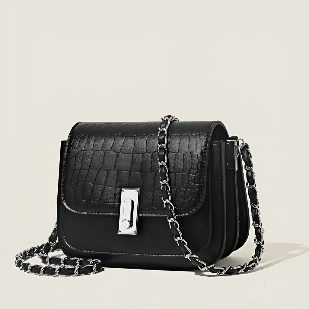 Black soft PU women's chain shoulder bag with sandwich pocket design and decorative sewing thread.