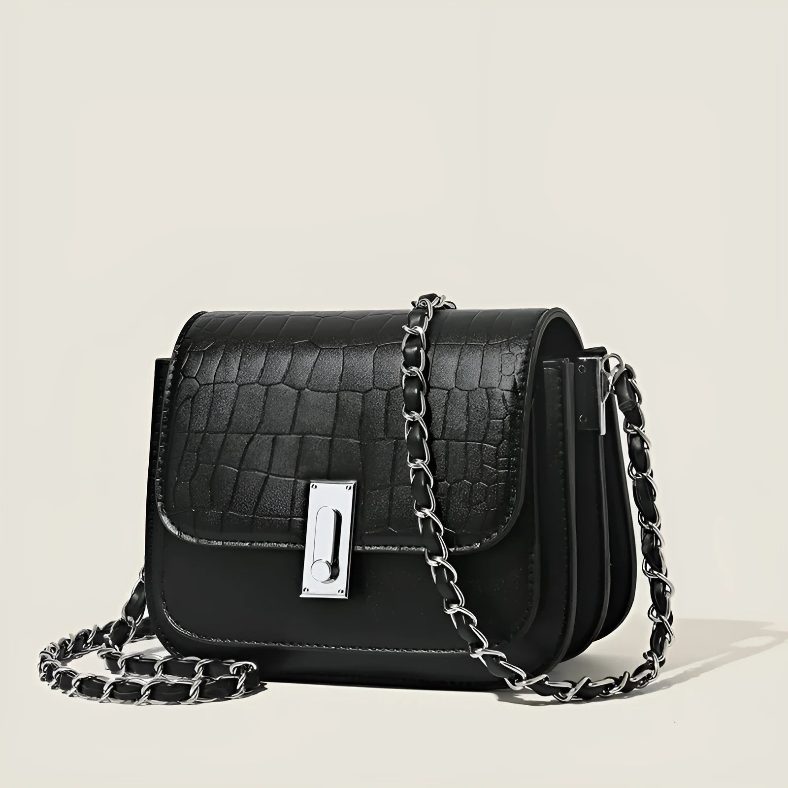 Black soft PU women's chain shoulder bag with sandwich pocket design and decorative sewing thread.